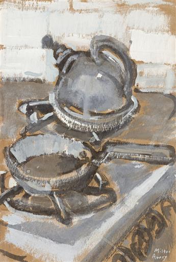 MILTON AVERY Stove Top Still Life with a Tea Kettle and Pan.